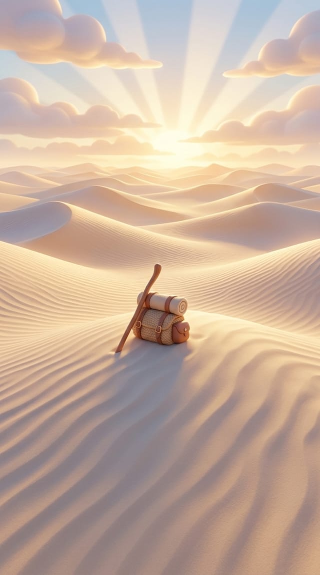 Cover illustration for Prophet Hud AS — a staff and travel bundles resting on the sand dunes