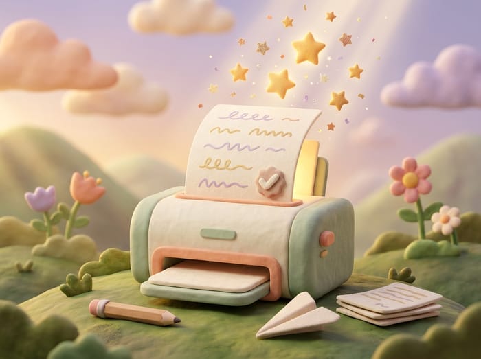 A little printer sending out a worksheet, with stars rising from the page